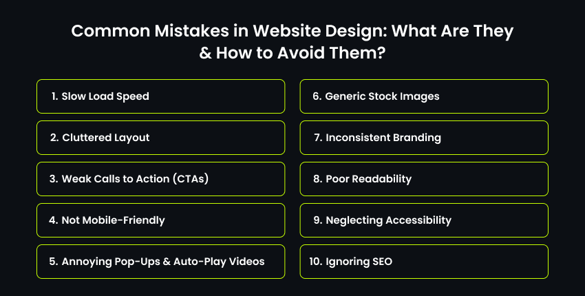 Common web design mistakes list including speed, CTAs, mobile-friendliness, branding, and SEO