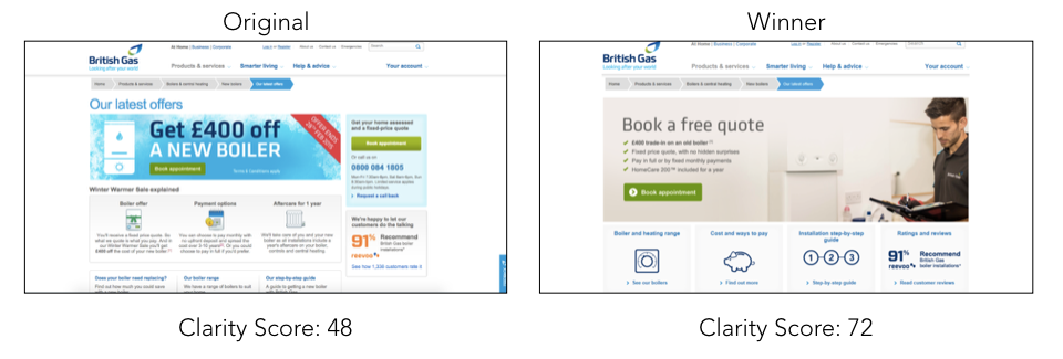 Side-by-side comparison of cluttered vs clean web layout clarity score