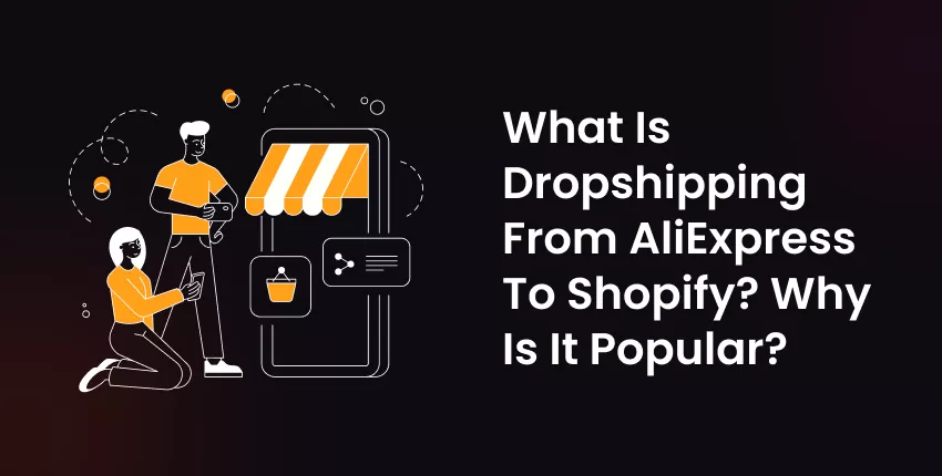 Illustration of two people shopping online with a storefront graphic, explaining what dropshipping from AliExpress to Shopify is and why it's popular.