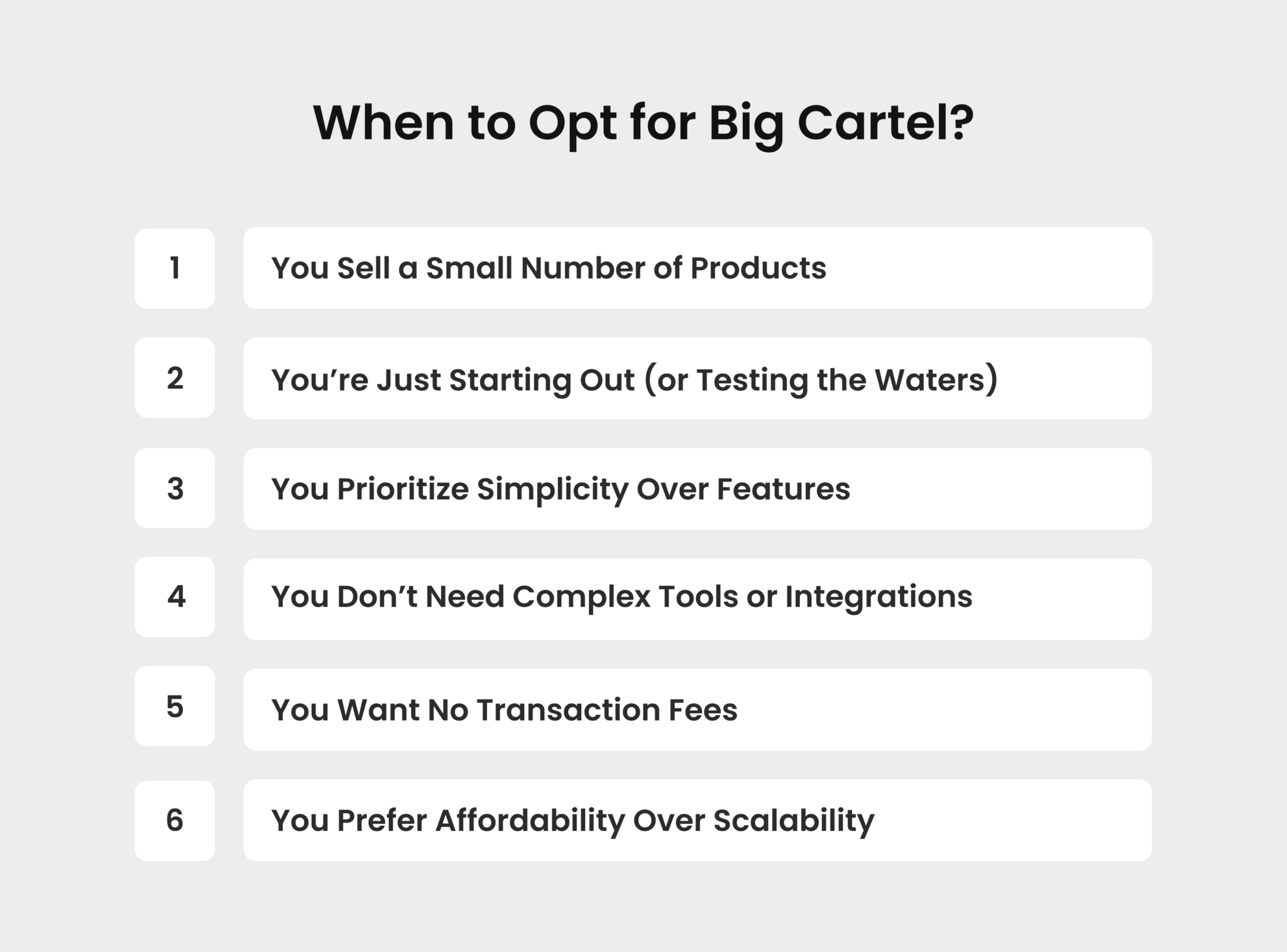 Checklist titled 'When to Opt for Big Cartel?' with 6 points: selling a small number of products, just starting out, prioritizing simplicity, no need for complex tools, no transaction fees, and affordability over scalability.