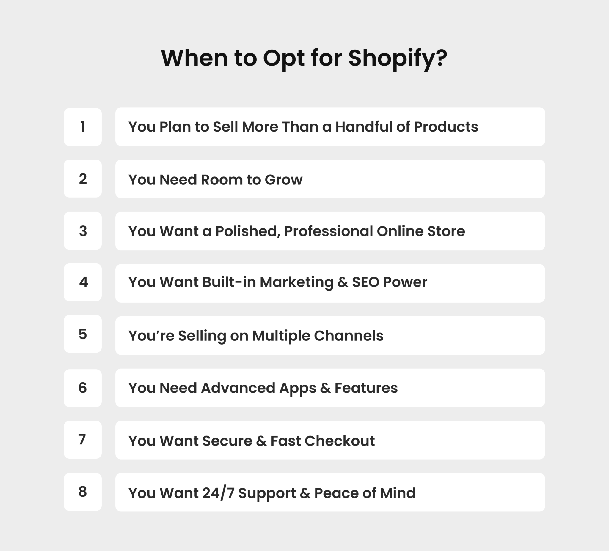 Checklist titled 'When to Opt for Shopify?' with 8 reasons including selling more products, room to grow, polished store, built-in SEO, multichannel selling, advanced features, secure checkout, and 24/7 support