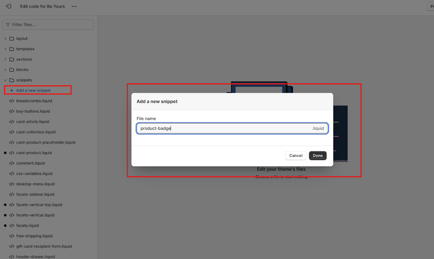 Creating a new Liquid snippet file in Shopify theme editor under the Snippets folder