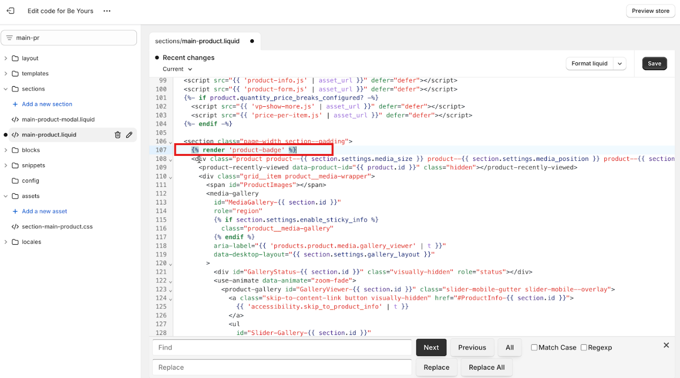 Rendering a custom Shopify snippet inside the main-product.liquid template using