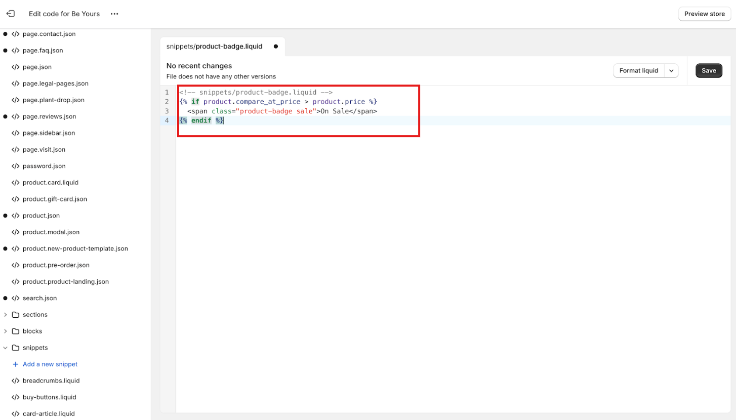 Adding Liquid conditional logic to Shopify snippet file for a product sale badge