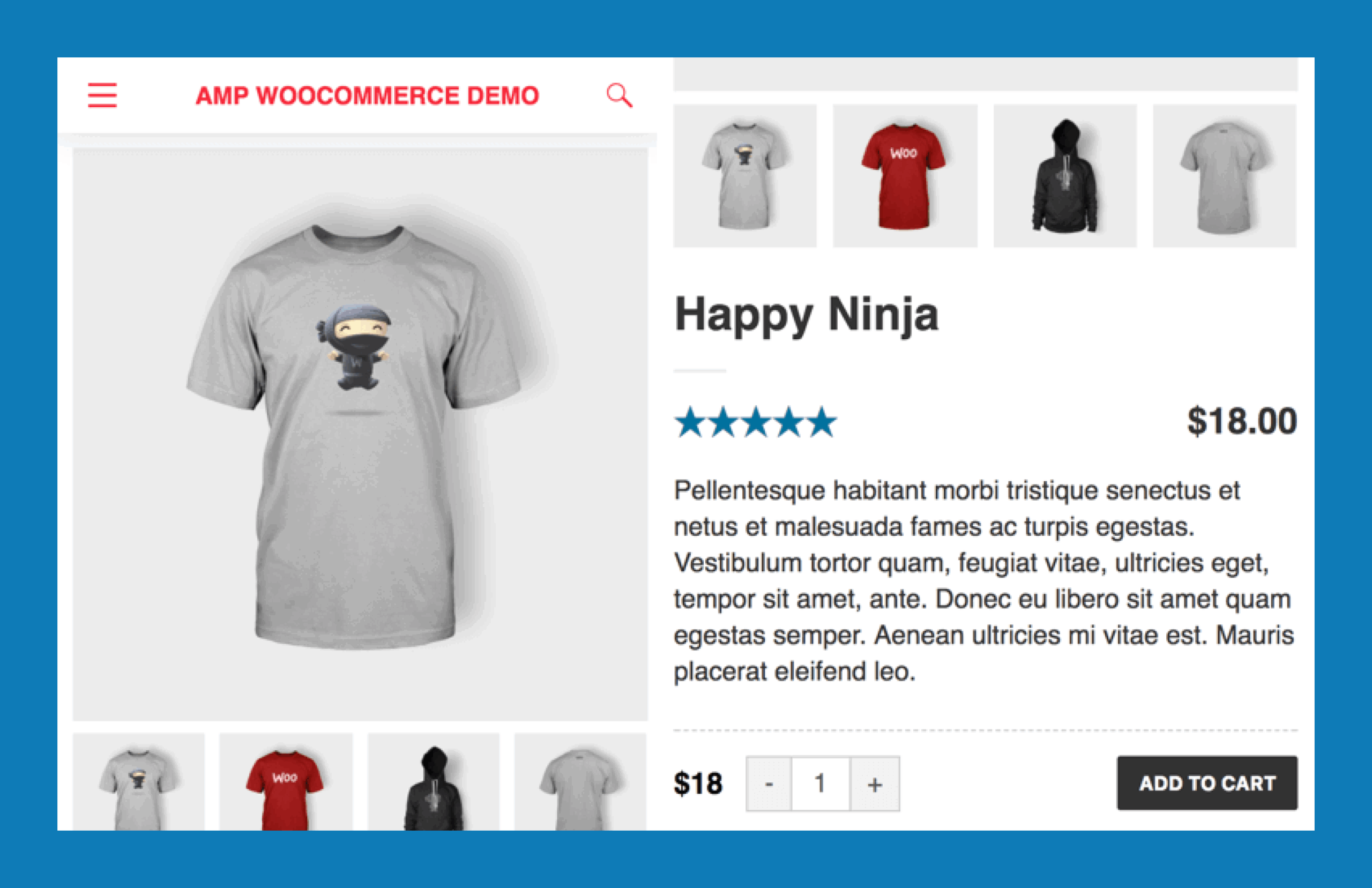 AMP WooCommerce demo showing product page optimized for mobile with AMP integration.