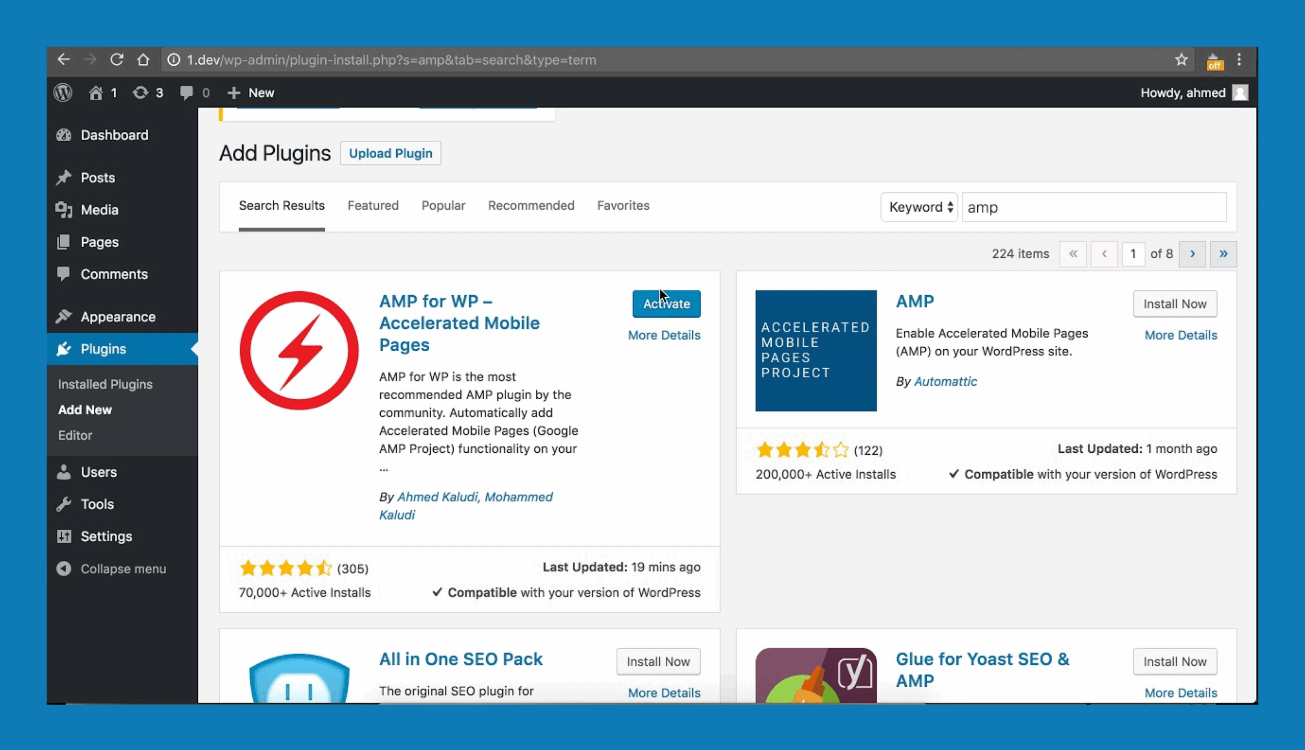 AMP for WP plugin installation screen in WordPress dashboard with activation option.
