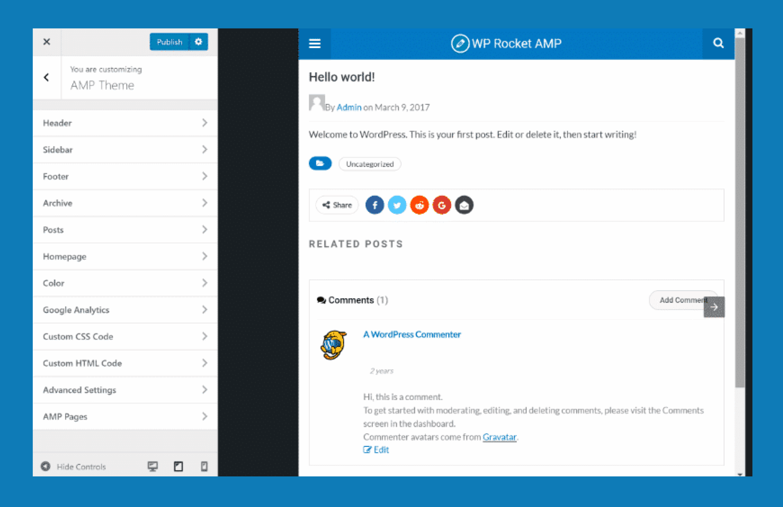 WP Rocket AMP theme customization screen showing caching and optimization compatibility.