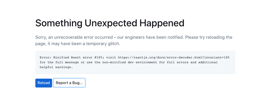 Minified React error #185” with link to the React error decoder.
