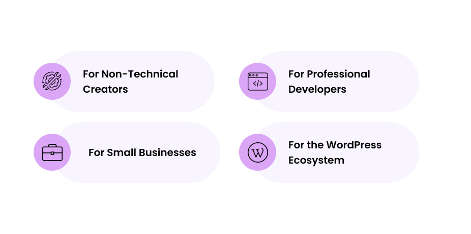 WordPress Telex AI tool benefits for different users: Non-technical creators, professional developers, small businesses, and the WordPress ecosystem