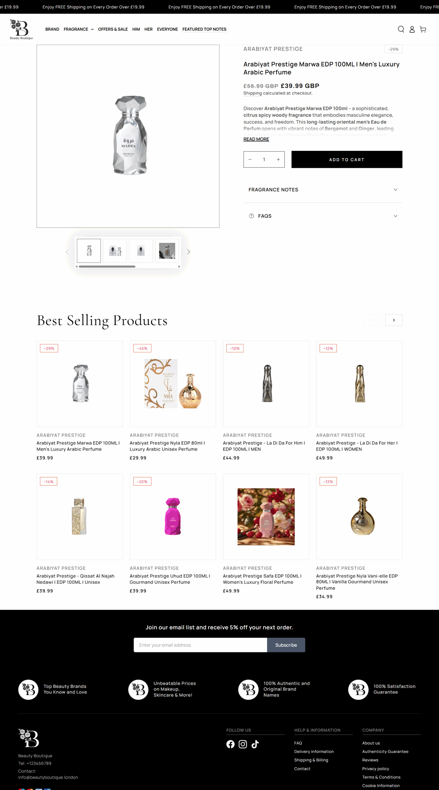 Perfume product listing with high-quality imagery and alphabetical filters on Beauty Boutique Shopify site