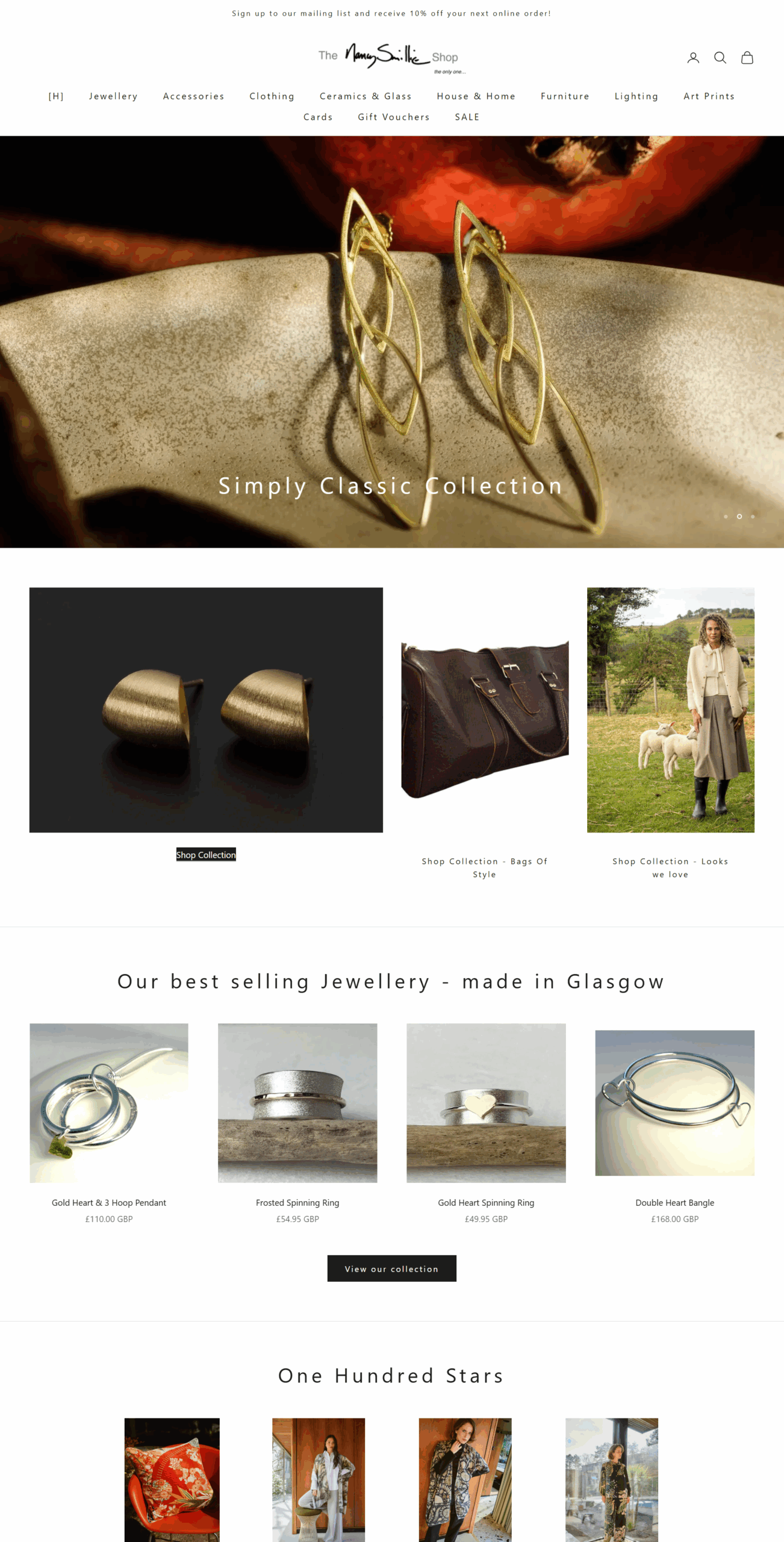 Selection of best-selling designer jewellery from Glasgow including gold heart pendants and spinning rings at The Nancy Smillie Shop.