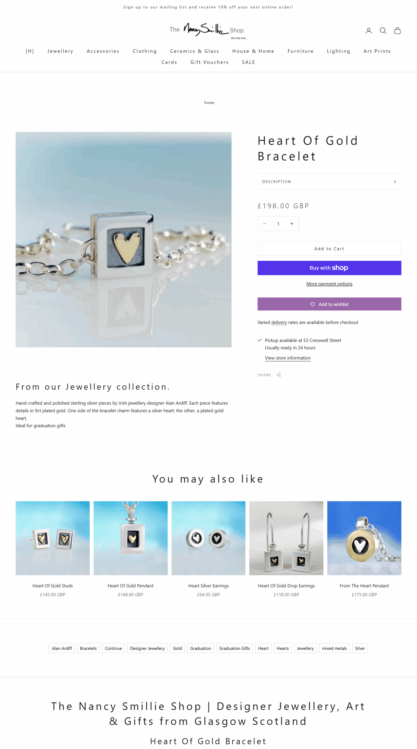 Close-up of the Heart of Gold Bracelet featuring handcrafted sterling silver and gold heart detail by designer Alan Ardiff.