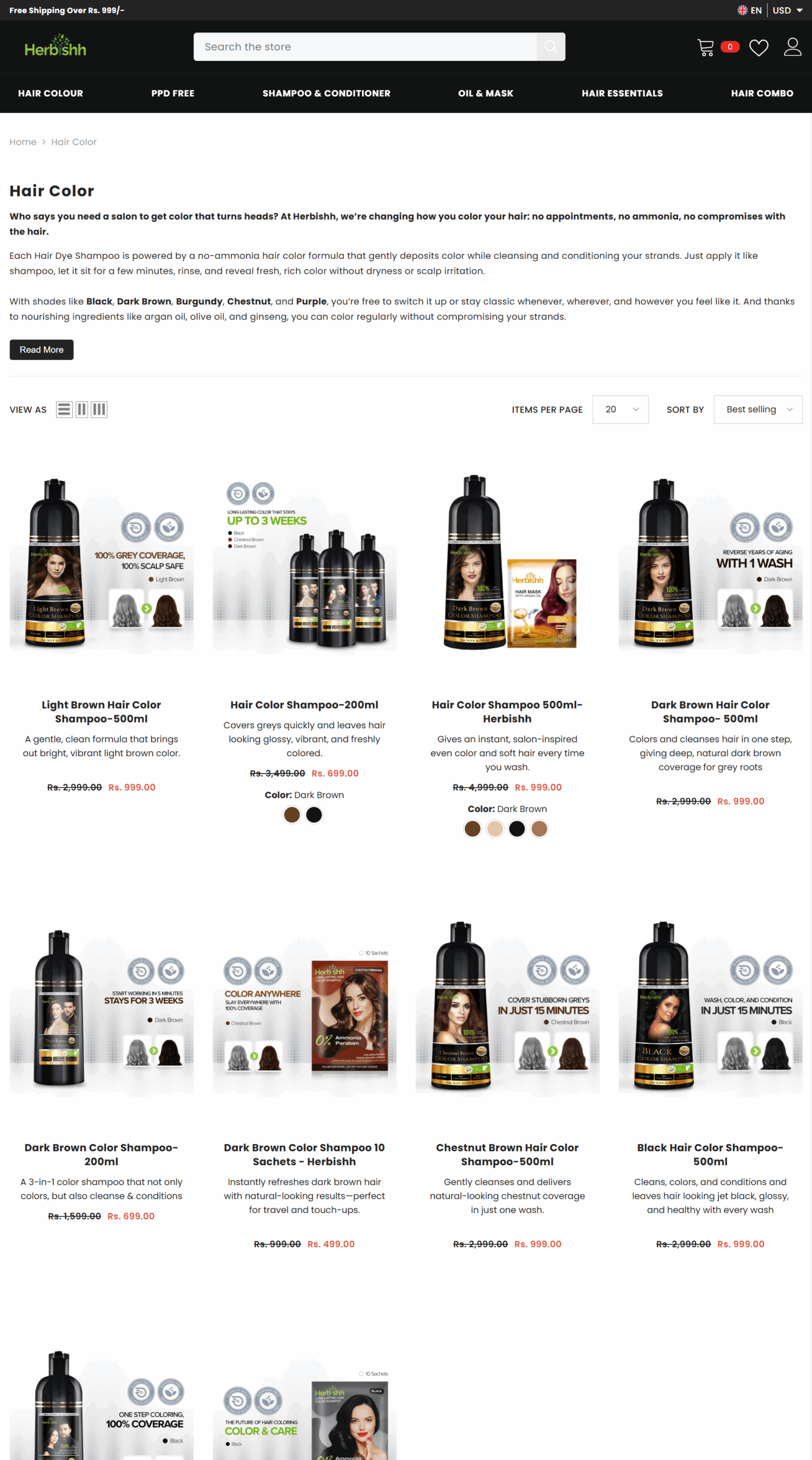 Herbishh Shopify homepage with new product launches, top categories, and featured hair care collection