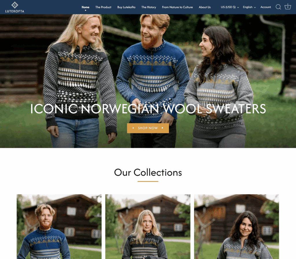 Models wearing LUTEKOFTA iconic Norwegian wool sweaters on the homepage hero banner