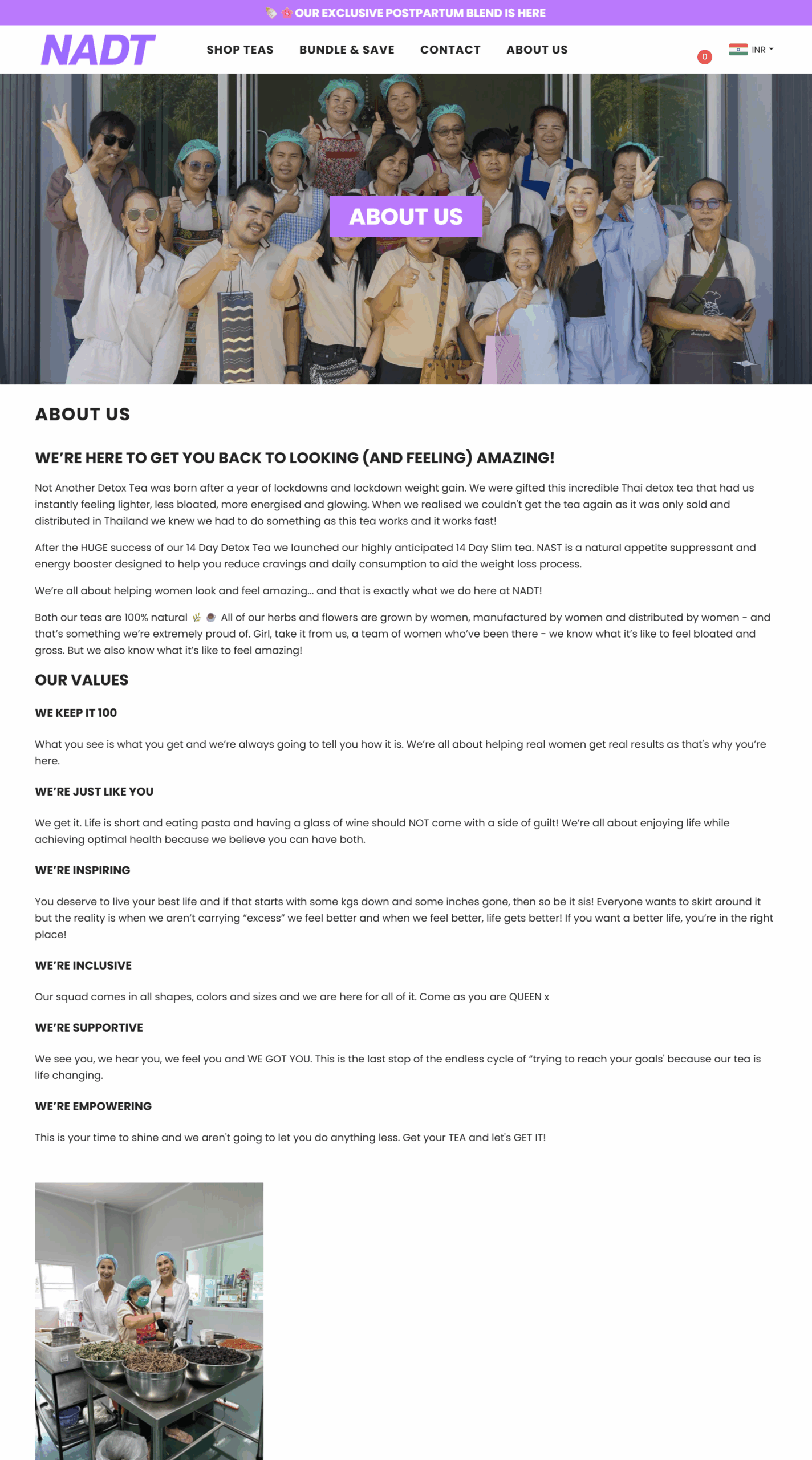 NADT About Us page showing team members and brand story section