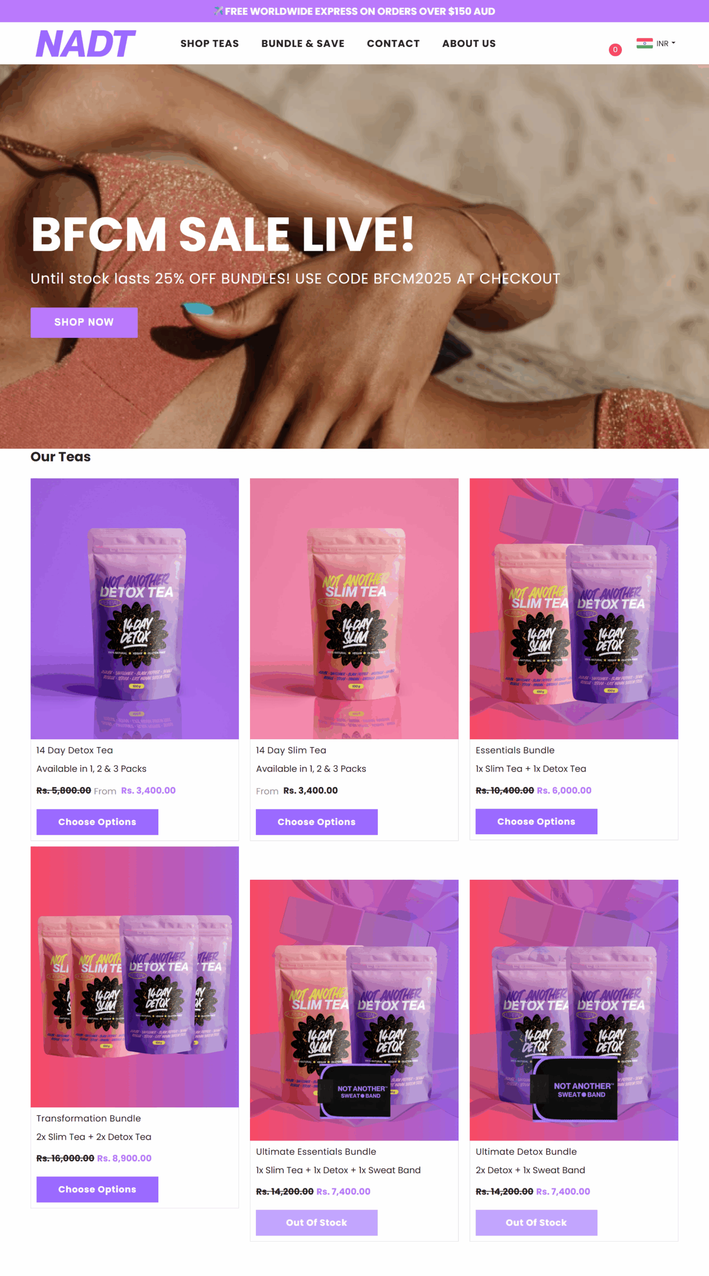 NADT detox tea bundles displayed in the shop section showing Slim, Trim, and Detox assortments