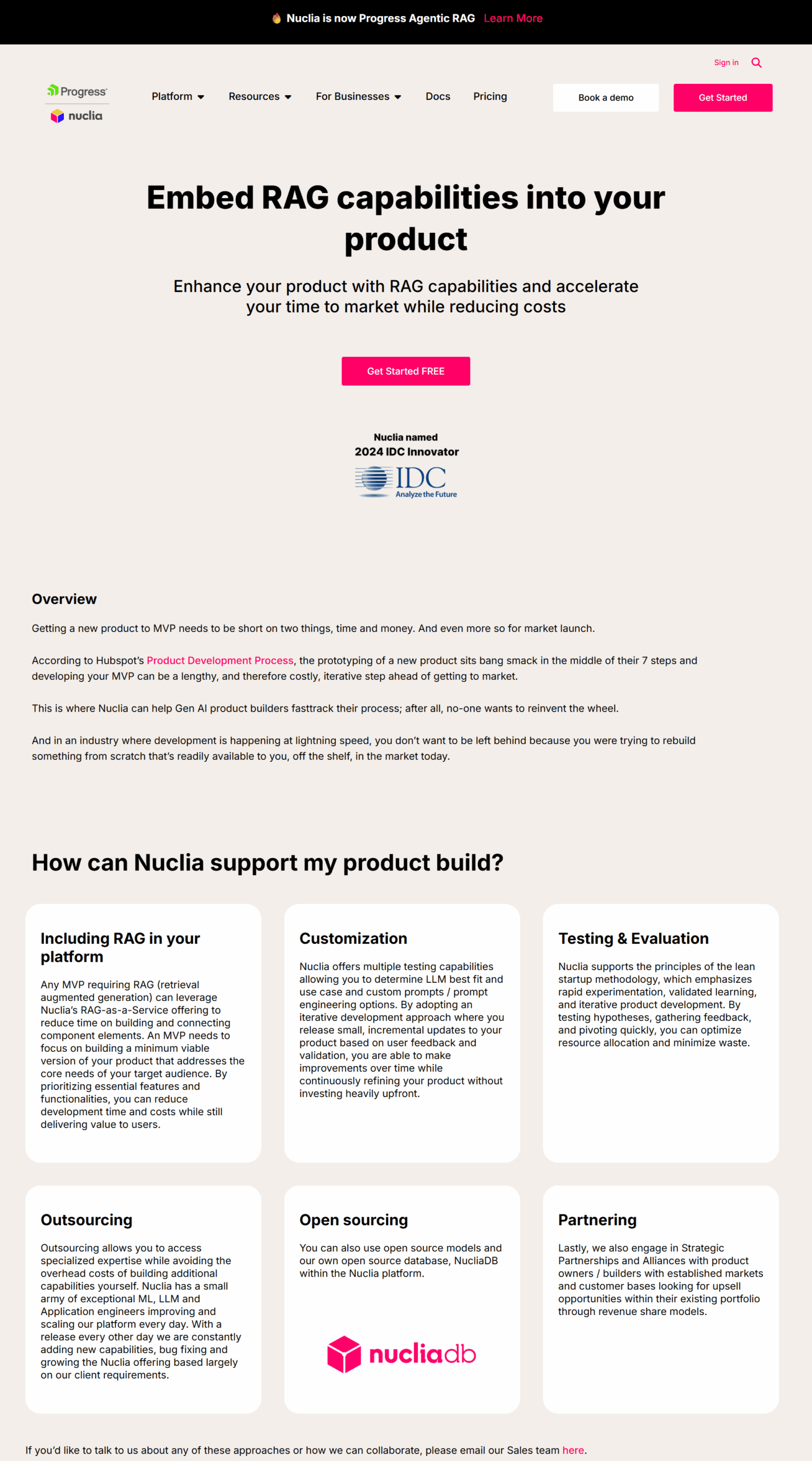 Nuclia Agentic RAG-as-a-Service homepage with product overview and global brand logos