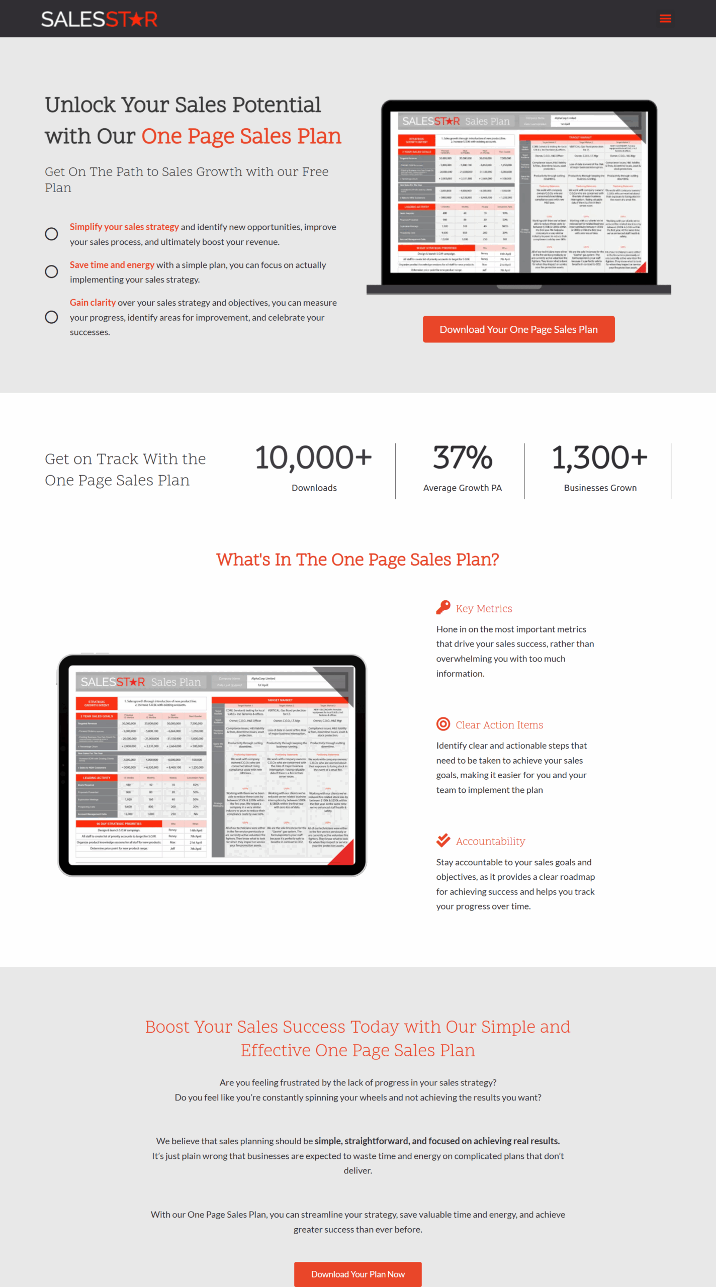 SalesStar One Page Sales Plan displayed on a tablet screen