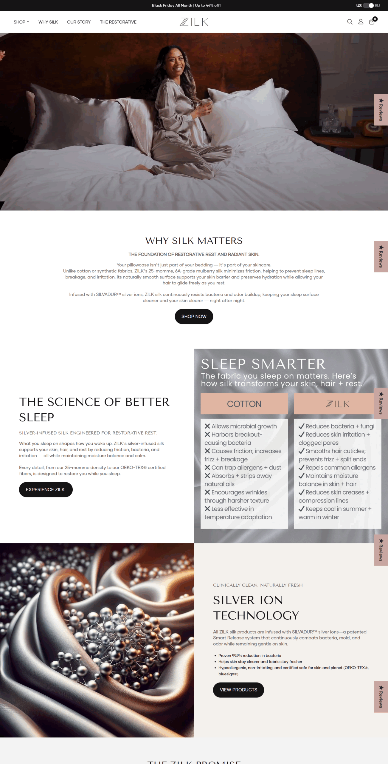 ZILK Sleep website section highlighting the science of silk and silver ion technology for better skin and sleep health